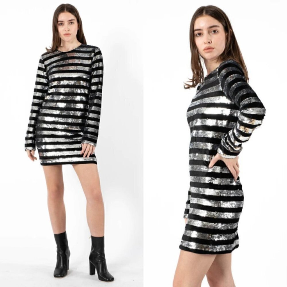 RtA Silver Crystal Striped Sequin Velvet Mini Dress